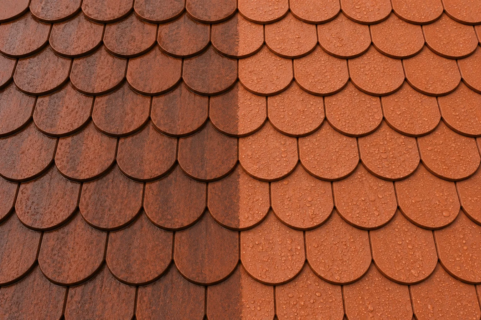 Dachówka ceramiczna w dwóch kolorach, widoczne krople wody, przygotowana do impregnacji