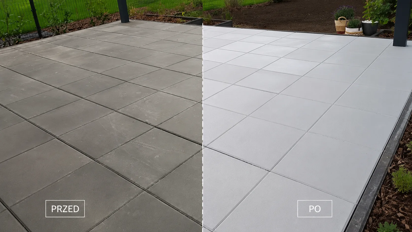 Porównanie kostki brukowej: z lewej strony brudna, z prawej wyczyszczona powierzchnia