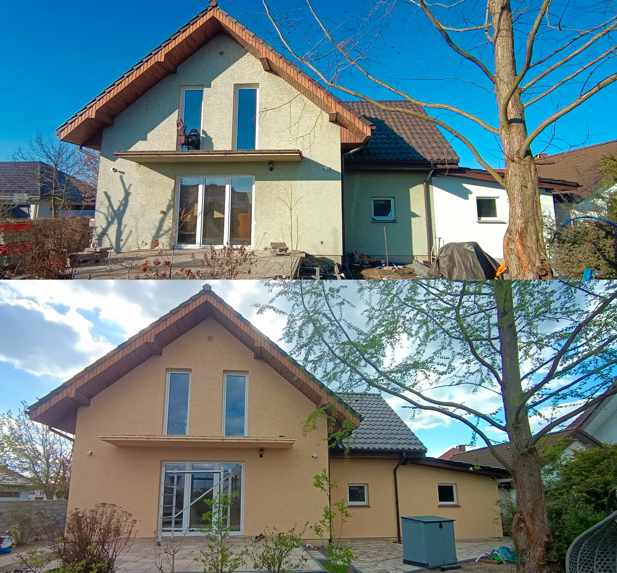 Porównanie elewacji budynku przed i po malowaniu, w jasnych kolorach, z widocznymi detalami architektonicznymi
