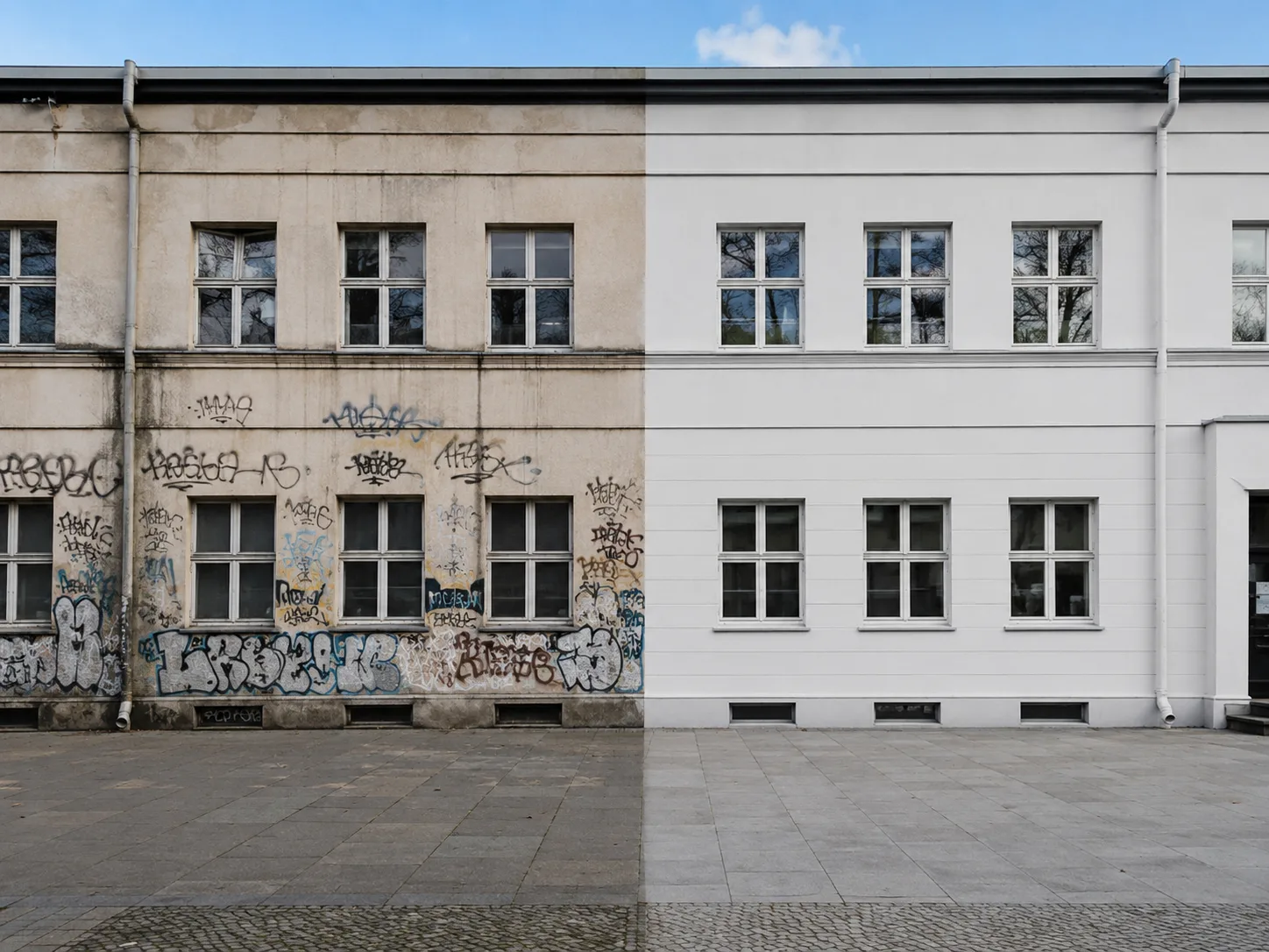 Część budynku przed i po usunięciu graffiti oraz czyszczeniu elewacji